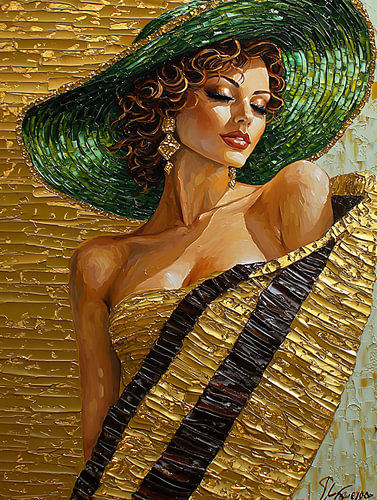 Emerald & Gold Leaf Couture - Portrait de mode élégant d'une femme portant un grand chapeau vert et un manteau doré