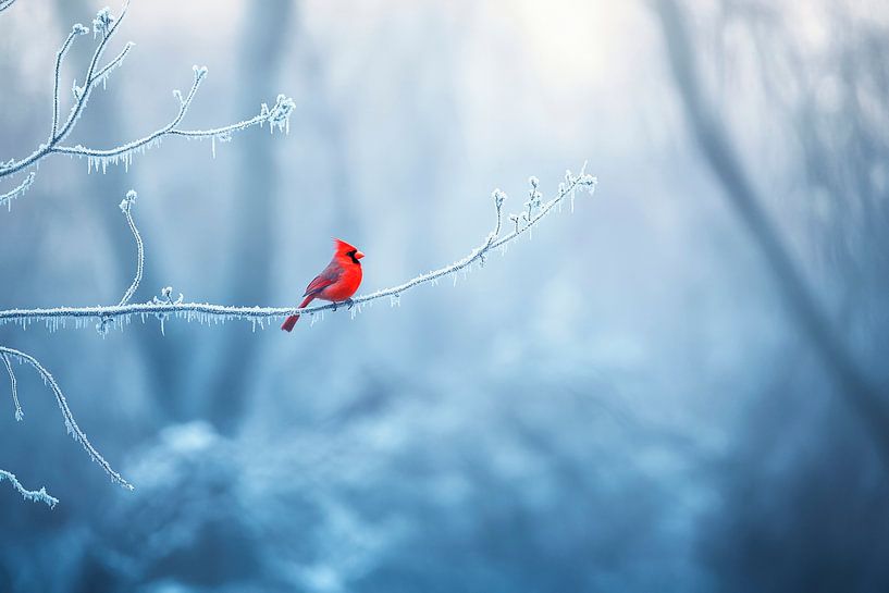 Roter Vogel im frostigen Winterwald von Poster Art Shop