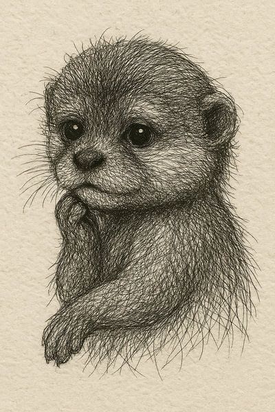 Draad portret baby otter (realistische gedetailleerde tekening neutrale kleuren kinderkamer speels lief) van Natalie Bruns