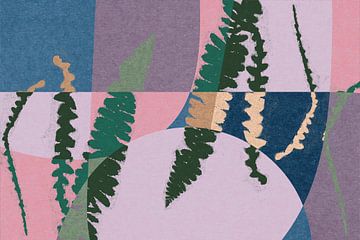 Moderne abstracte geometrische kunst met organische vormen. Varens in roze, paars, blauw van Dina Dankers