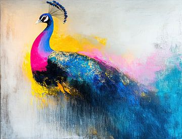 Tuin Pauw Kleurig | Moderne Pauw in Blauwe en Gele Kleur van Abstract Schilderij