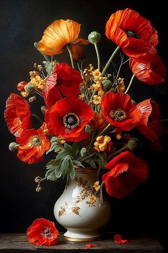 Stilleven van Vurige Klaprozen in Porselein no.1