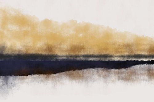 Abstract minimalistisch landschap in okergeel, zwart en wit