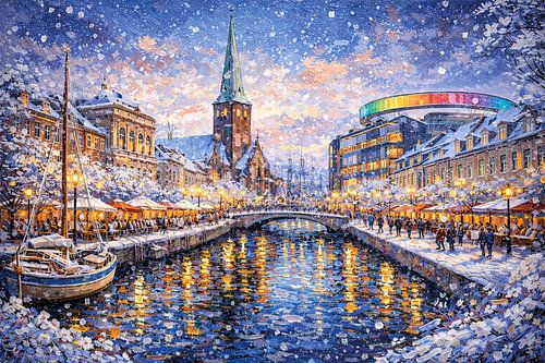 Aarhus in Denemarken, een schilderij met een winters tafereel.
