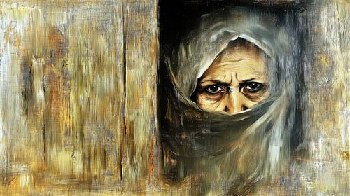 Vrouw met hoofddoek bij het verweerde deurkozijn