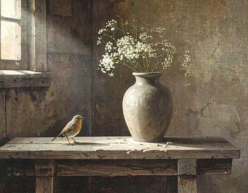 Rotkehlchen bei Steinvase