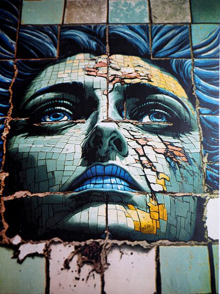 Street art portrait woman mosaic tiles melancholy by gm_designs
