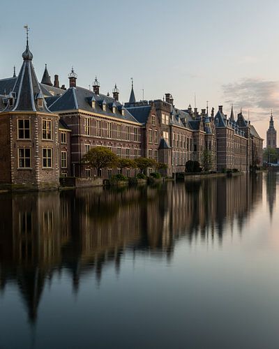 Verticaal beeld van het binnenhof en de hofvijver in Den haag