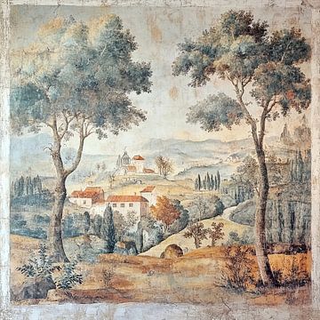 Klassieke Toscaanse fresco met heuvels en een dorpje van Vlindertuin-Art