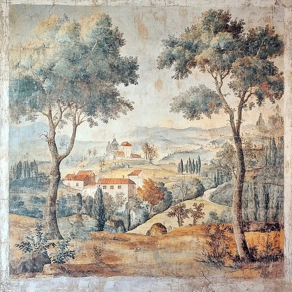 Klassisches toskanisches Fresko mit Hügeln und einem Dorf von Vlindertuin-Art
