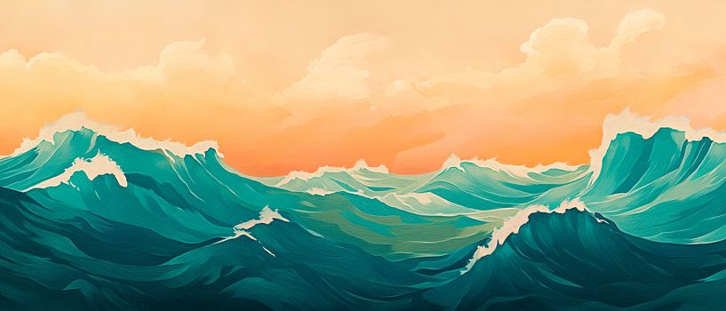 Sea of waves at sunset - Coloured by Poster Art Shop