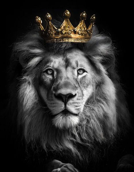 Koning van de jungle in zwart wit met een gouden kroon van Dutch Art Works