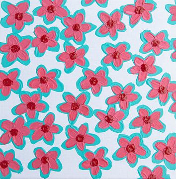 Flowers retro pink red aqua white by Bianca ter Riet
