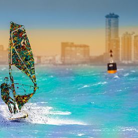 Aventure colorée en planche à voile face à la ligne d'horizon de la ville sur Stephan Zaun