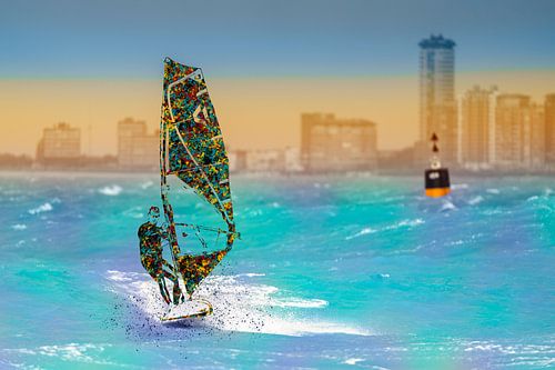 Kleurrijk windsurfavontuur voor de skyline van de stad