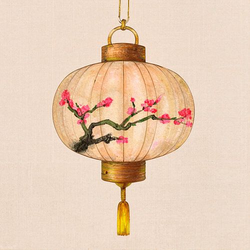 Traditional Asian lantern with pink cherry blossom