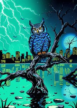 Neonblaue Eule auf dunklem Baum - Blitznacht Stadtbild von MIROKKU