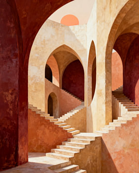 Stairs leading to the warm light