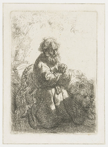 Hieronymus geknield in gebed, de blik naar beneden gericht, Rembrandt van Rijn