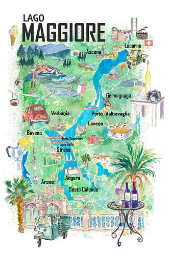 Lago Maggiore Illustrierte Reisekarte mit Strassen und Highlights in Italien und der Schweiz