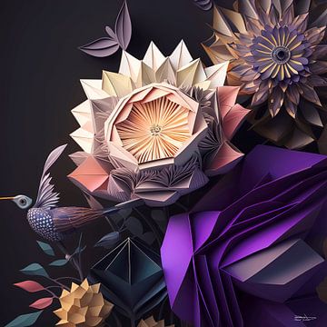 origami van een bloem met vogel van Gelissen Artworks
