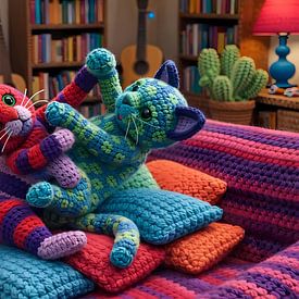 Stoeiende gehaakte katten van Linda de Klein