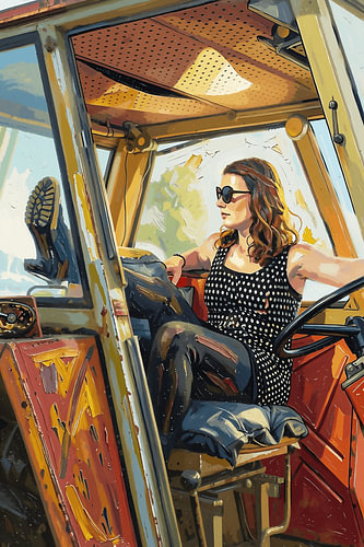 'Genoeg Geploegd': un tableau représentant une agricultrice dans son vieux tracteur sur Dirk van der Ven