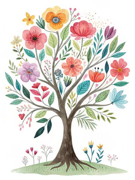 Vrolijke aquarelbloesemprint van boom, kleurrijke bloesemillustratie, botanische kunst, decoratie voor kinderkamer, boho woondecoratie, lentemuurkunst, natuurliefhebber cadeau van Artistic