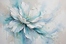 Impasto-kunstwerk met een witte pioenroos met textuur en zachte aquablauwe accenten