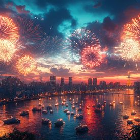 Feuerwerk über dem Stadtbild von Lufy