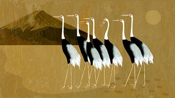 Japanese cranes in landscape on ocher yellow by Mad Dog Art