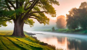 Sonnenaufgang mit Nebel am Fluss von Mustafa Kurnaz