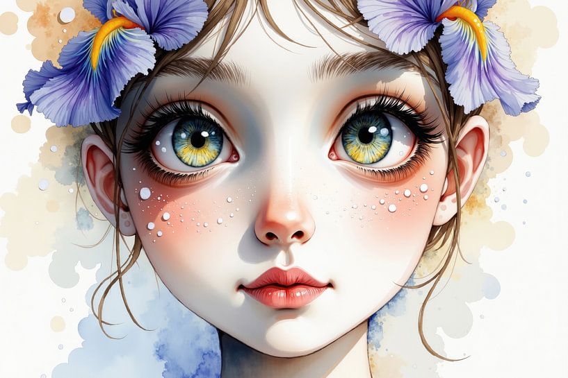 Aquarel portret van een meisje met grote ogen en bloemen in haar haar van Markus Gann