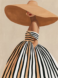 An elegant woman wearing a large hat and a striped dress in earth tones by Carla Van Iersel