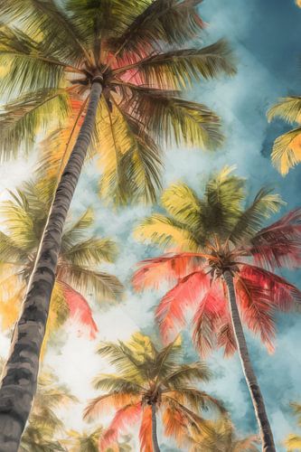 Palmbomen in warme kleuren tegen een blauwe lucht