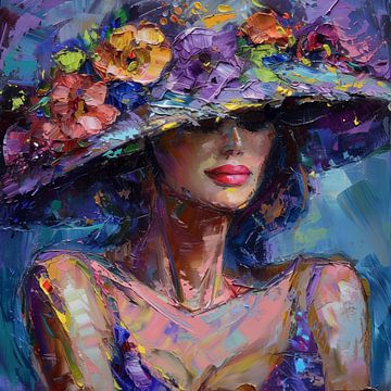 Femme séduisante avec chapeau de fleurs Expressionnisme abstrait coloré sur TheXclusive Art