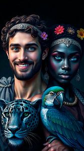 Paar mit Panther und Papagei