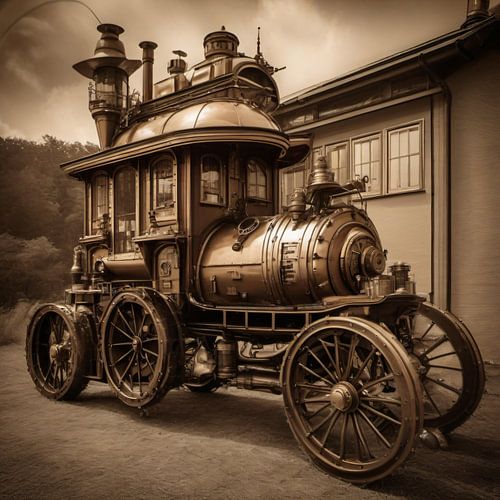 A steampunk street locomotive is parked in front of a house