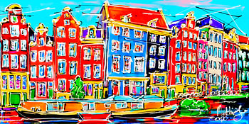 Canal of Amsterdam, Colorful Houses and Houseboat