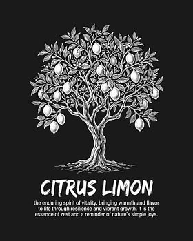 Minimalistisches Poster mit Zitrusbaum-Strichzeichnung – Black Edition