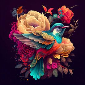 Vogels op bloemen met donkere achtergrond van Harvey Hicks