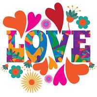 Love lettering with hearts and flowers vintage 70s style