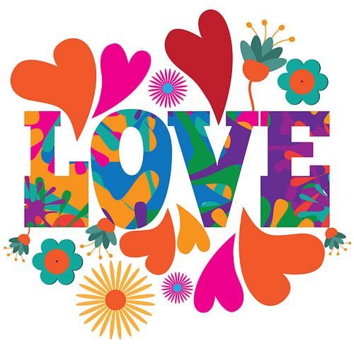 Lettres d'amour avec cœurs et fleurs style vintage 70s