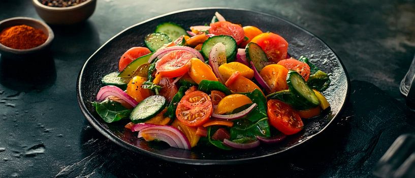 Kleurrijke groentesalade op een zwart bord van Poster Art Shop