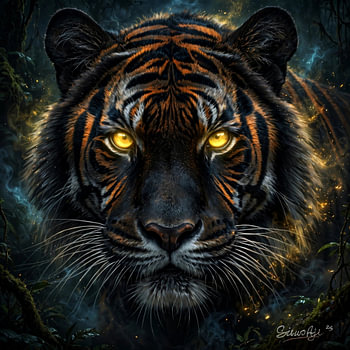 : Majestätisches Tigerporträt mit leuchtend goldenen Augen in einem dunklen Wald