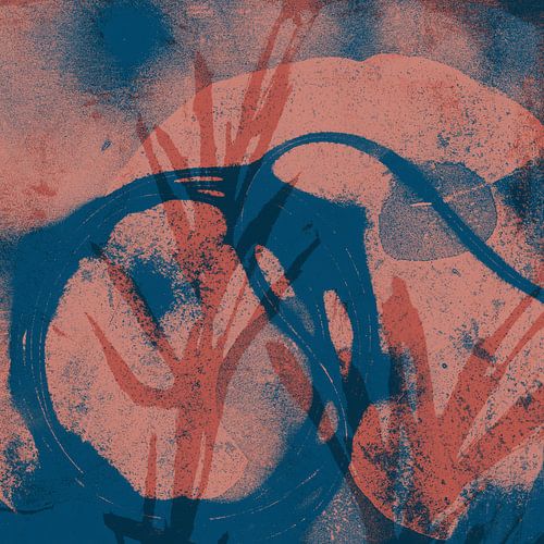 Moderne abstracte kunst. Organische vormen in koraalroze en blauw.