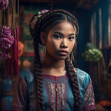 Fille cambodgienne avec tresses en robe traditionnelle sur Marc van der Heijden • Kampuchea Art