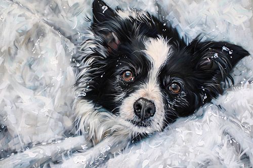 Realistisch schilderij van hond in de sneeuw