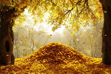 Golden light illuminates piles of leaves and trees by Besa Art