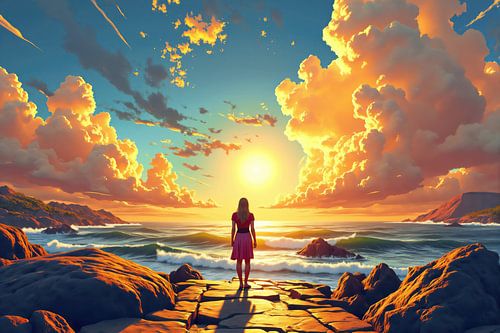 Frau auf Küstenpfad bei Sonnenuntergang